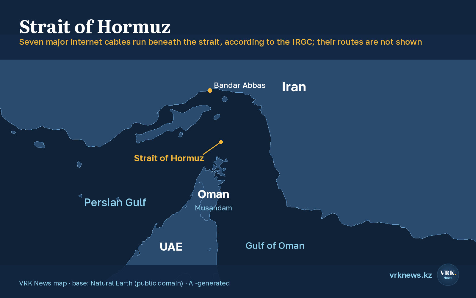 Map of the Strait of Hormuz: Iran, the Musandam peninsula, the UAE