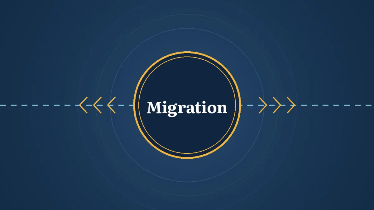 Graphic: a dashed border and a stamp with the word Migration