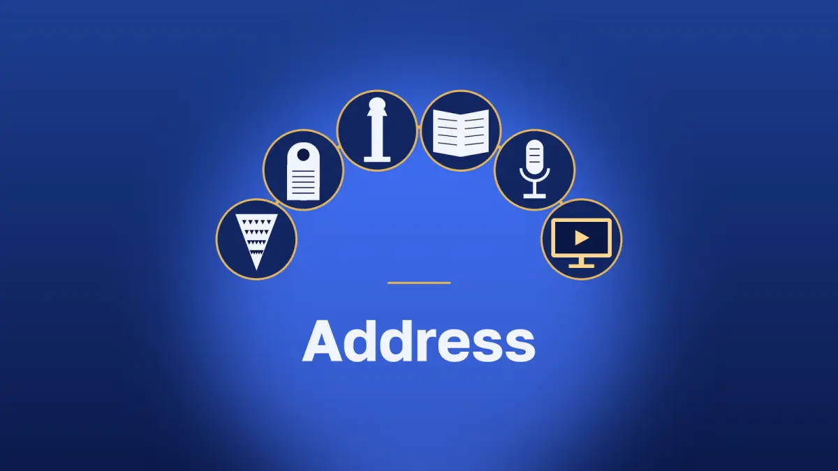 An arc of the media of the address: clay cone, stele, pillar, codex, microphone, screen
