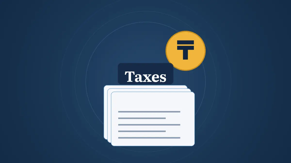Graphic: documents and a tenge coin with the word Taxes