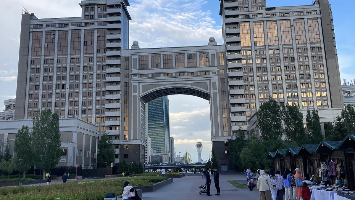 Astana: an arched building on the left bank of the Ishim
